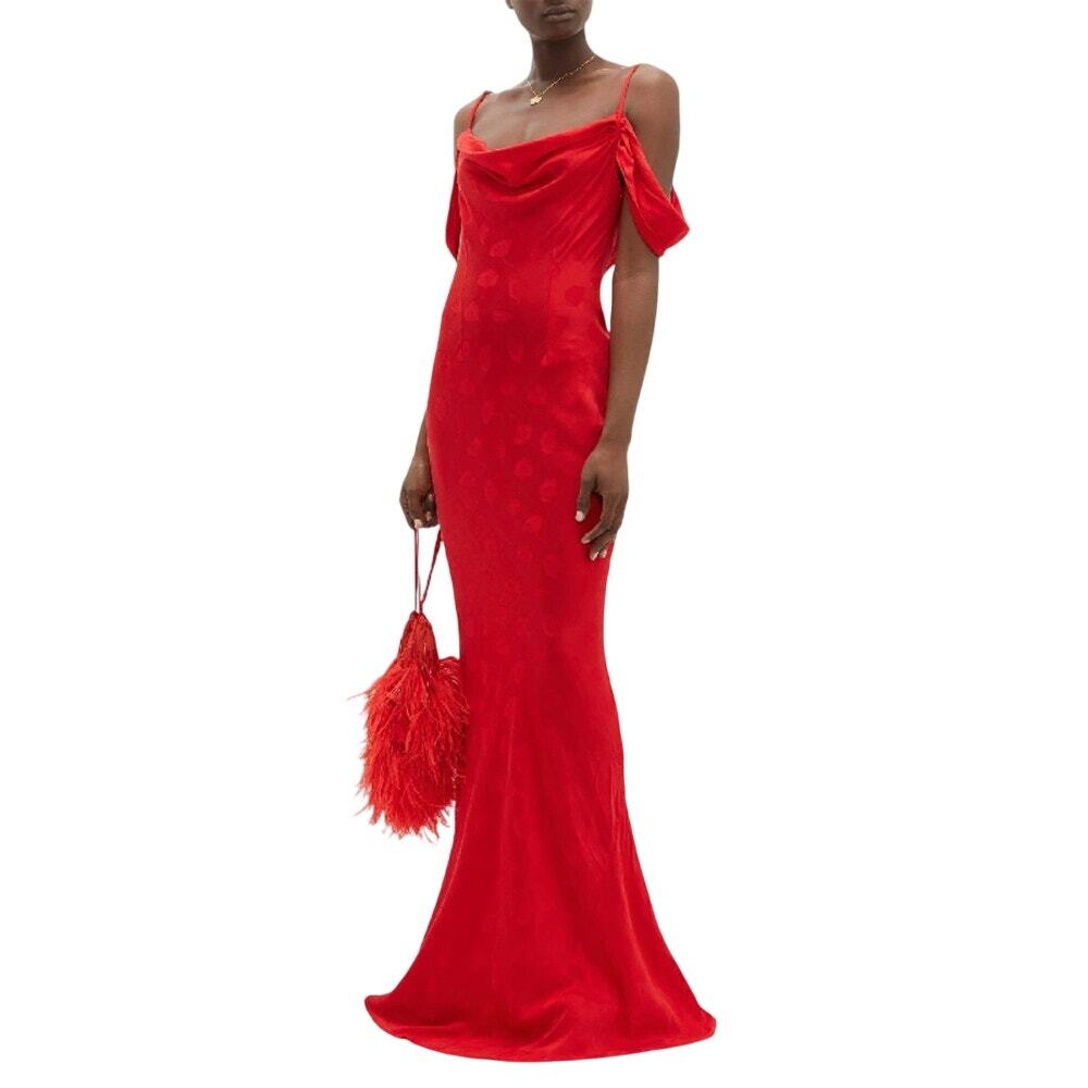 Rat & Boa Florentina Tulip Print Off Shoulder Cowl Maxi Dress Red Women's Size M